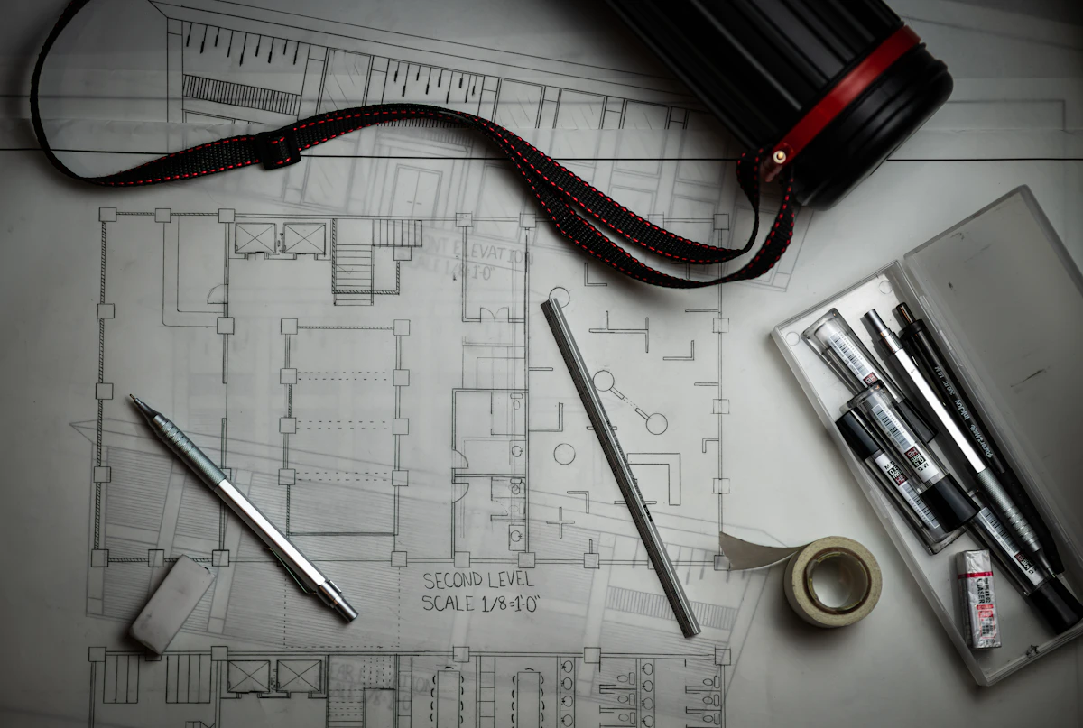 Planos arquitectónicos sobre una mesa con lápices de dibujo, regla y tubo portaplanos.